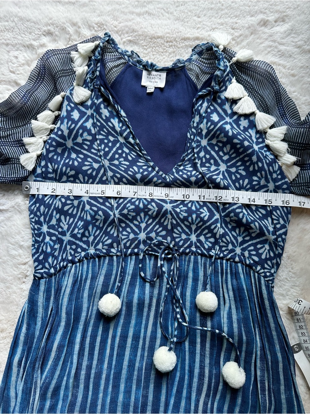 Hemant & Nandita Boho Tassel Mini Dress Blue & White Pom Pom Size XS - Picture 3 of 12